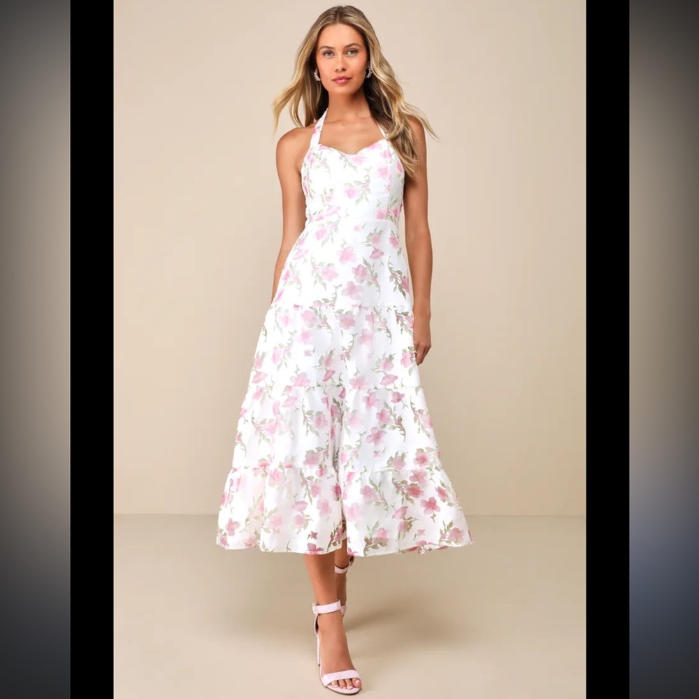 Lulu’s Adored Sweetness Ivory Floral Burnout Lace-Up Halter Midi Dress
size Xs
